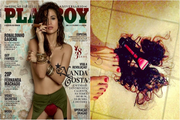 A escolha da atriz por no depilar gerou comparaes  Claudia Ohana (Playboy/Divulgao, Reproduo/Instagram @nandacostareal)