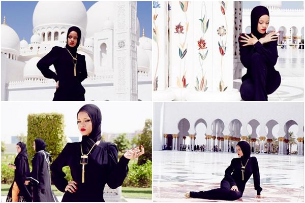 Nas imagens, publicadas no Instagram, Rihanna aparece vestida de preto, com o cabelo e o corpo cobertos pelo traje (@badgalriri/Instagram/Reproduo)