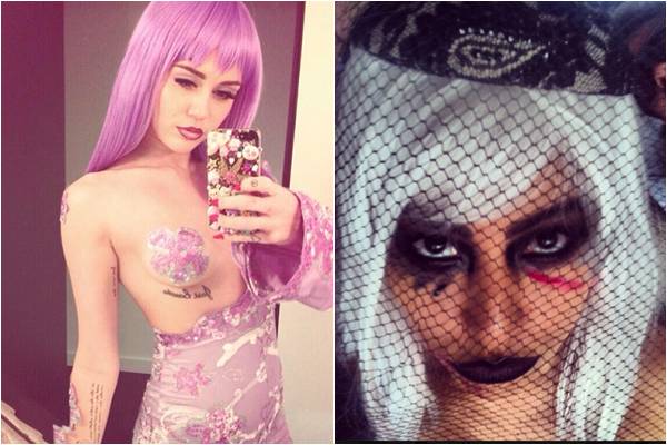 Miley Cyrus e Sabrina Satto usaram perucas e investiram na maquiagens (Reproduo/Instagram@mileycyrus e @sabrinareal)