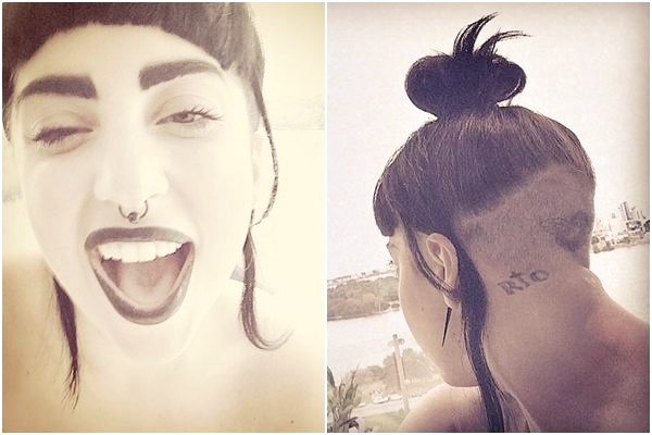 Lady Gaga raspa parte do cabelo.  possvel ver a tatuagem que ela fez em homenagem ao Rio de Janeiro (Reproduo/Instagram)
